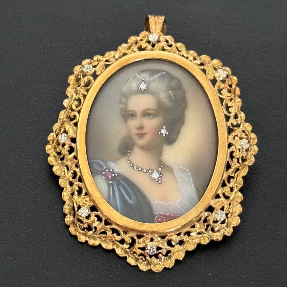 18K Yellow Gold Antique Intricate Filigree Diamond Portrait Cameo Pin Pendant